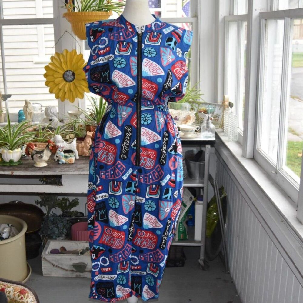 Keshet Jumpsuit Womens Peace Sign Graphic Print Sleeveless Cropped Zip Blue Med